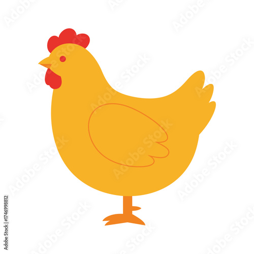 A simple cartoon illustration of a bright yellow hen standing on its orange feet against a white background