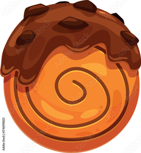 Round orange pastry with a spiral design, generously topped with melted chocolate and chocolate chips