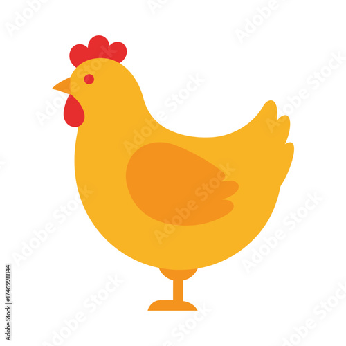 Cute cartoon illustration of a yellow hen standing on one leg with a red comb and wattle isolated on white background