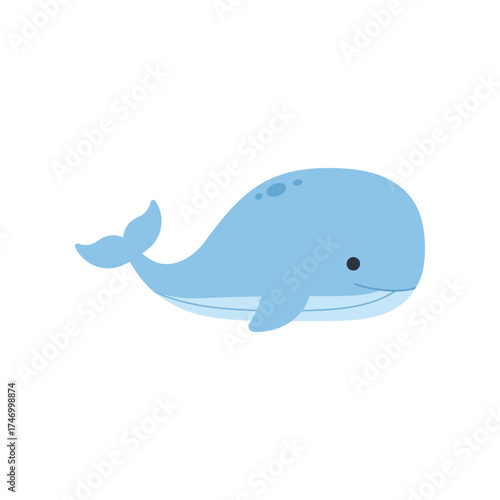 Cute cartoon blue whale illustration with a friendly face swimming gracefully in the ocean water