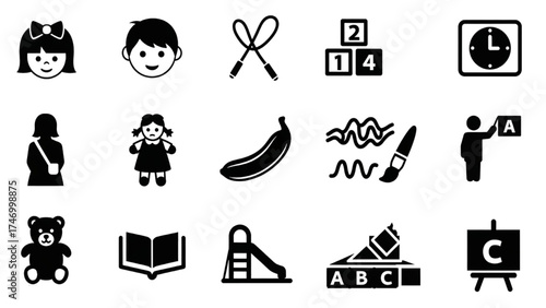 Minimalist Vector Grid of Black and White Icons Representing Play, Learning, and Childhood Activities in Modern Flat Style