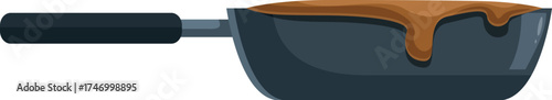 Side view of a dirty frying pan with spilled sauce dripping over the side, perfect for depicting cooking mishaps or messy kitchens