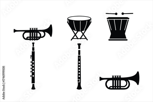 Collection of musical instruments silhouettes trumpet clarinet drum percussion set