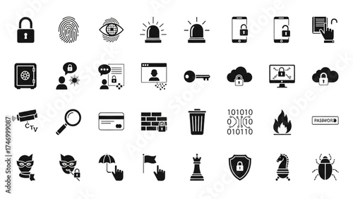 Minimalist Vector Grid of Black and White Security and Data Protection Icons in Modern Flat Style for Digital Interfaces