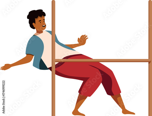 Limbo dancer bending over backwards and passing under horizontal bar, showing flexibility and balance