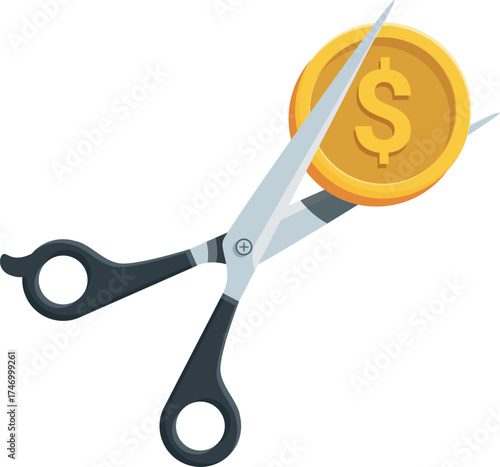 Scissors cutting a dollar coin, symbolizing cost reduction, budget cuts, and saving money