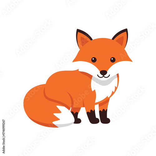 Cute cartoon illustration of a fluffy orange fox with a bushy tail sitting and looking forward with a friendly expression