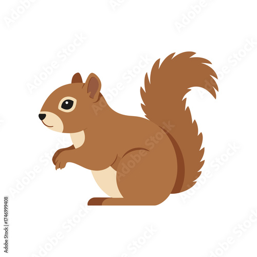 Adorable cartoon illustration of a fluffy brown squirrel with a bushy tail sitting on a white background