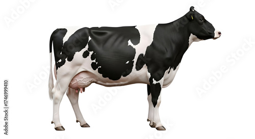 Black and white Holstein dairy cow standing profile for agriculture and livestock concepts isolated PNG with Transparent Background