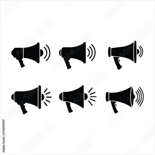 Collection of black megaphone icons showing sound waves announcing important messages