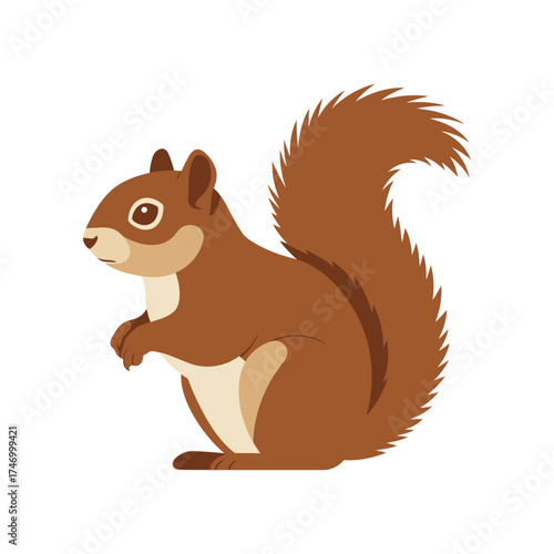 Cute cartoon illustration of a fluffy brown squirrel standing on its hind legs with a bushy tail isolated on a white background