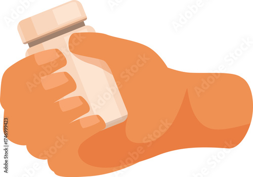 Close up of hand firmly grasping a small, white plastic bottle, emphasizing the secure grip