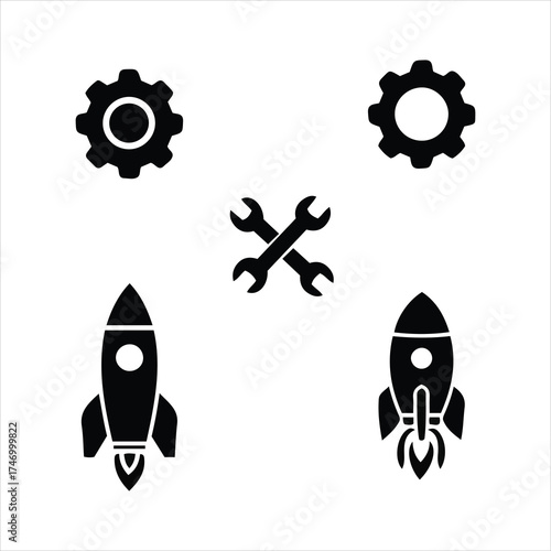 Rocket ship launch and gear icons representing startup business innovation and technology development