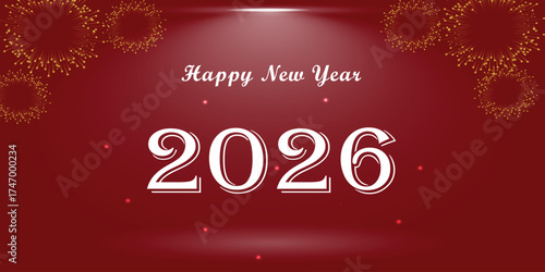 A dark red background with a spotlight illuminating the year 2026 in white, surrounded by decorative elements.