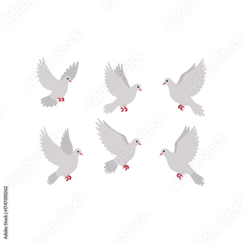 Six elegant white doves in various graceful flying poses with pink feet and beaks symbolizing peace and hope