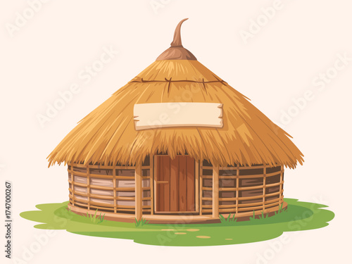 Traditional Hut Icon with Wooden Walls and Thatched Roof on Green Grass