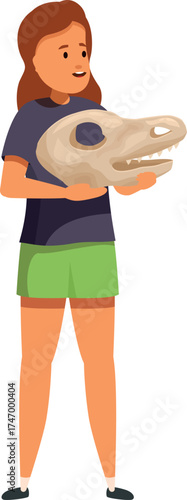 Female paleontologist carefully holding a dinosaur skull, examining prehistoric fossil, conducting research on ancient life