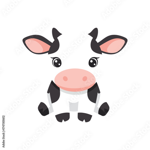 Adorable cartoon cow face with big eyes and pink nose playful farm animal illustration for children s designs