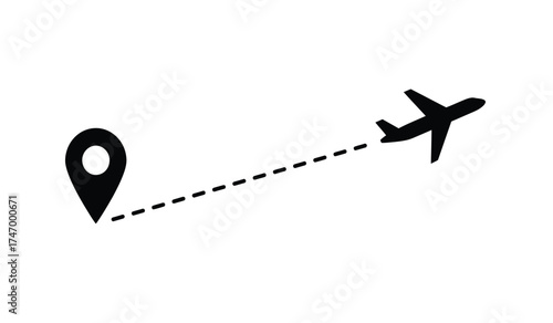 Airplane icon representing travel and transportation marking a route from a location pin symbolizing journeys and destinations isolated on white background