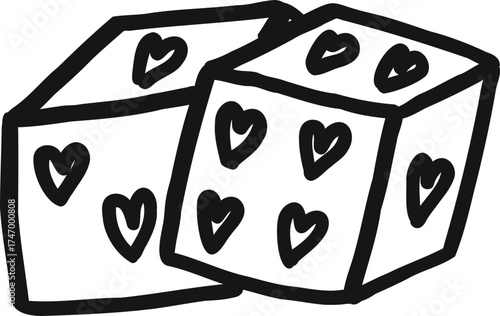 Whimsical dice game line art doodle. Whimsy chance luck play. Vector outline illustration