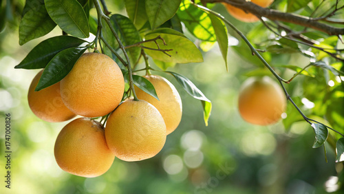 A cluster of ripe grapefruits hanging from a tree branch, illuminated by sunlight, with a blurred background of lush green leaves