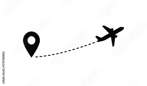 Airplane travel destination icon with dotted line path symbolizing journey from location pin symbol isolated on white background