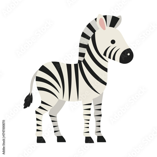 Cute cartoon zebra standing profile view isolated on white background with black and white stripes and friendly expression
