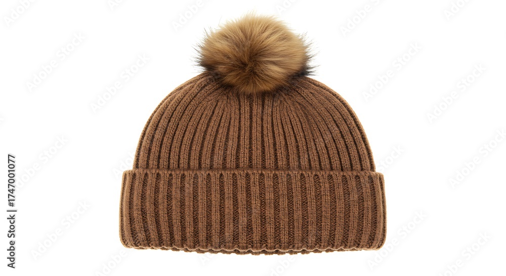 Fototapeta premium Cozy and warm brown beanie hat with a generous turn-up cuff and a soft, fluffy pom-pom
