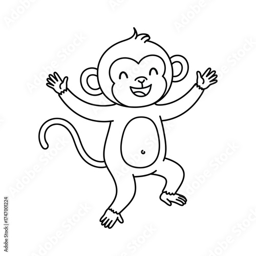 Cute cartoon monkey with arms raised in excitement and a big happy smile isolated on white background line art illustration