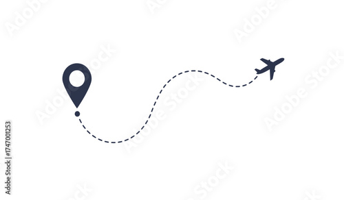 A modern airplane flies on a dashed line route starting from a location pin icon symbolizing travel and transportation. isolated on white background