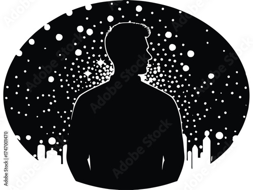Vector art of silhouette of man in front of city skyline and starry sky background