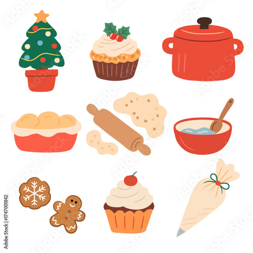 Cozy winter baking illustration set, hand-drawn flat cute style for Winter Holiday Decor