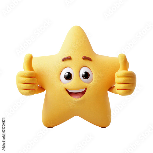 A star with a smile and hands with thumbs up.