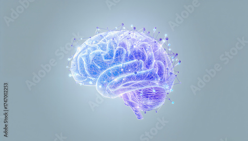 AI innovation concept: abstract 3D neural network brain made of glowing nodes and connections on a white background 