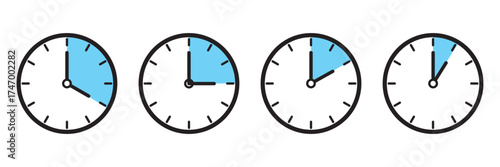Clock icon set in flat style, timer on white background. Business watch. Vector design element for you project .