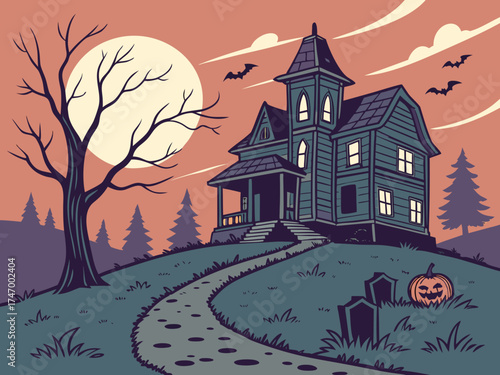Spooky Halloween Night Haunted House on a Hill with Bats and a Full Moon