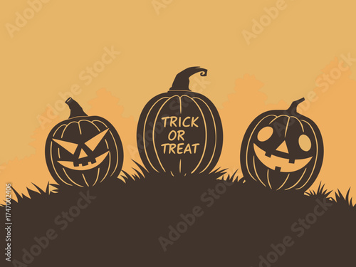 Halloween Pumpkin Patch Spooky Silhouettes with Trick or Treat Message on a Golden Background