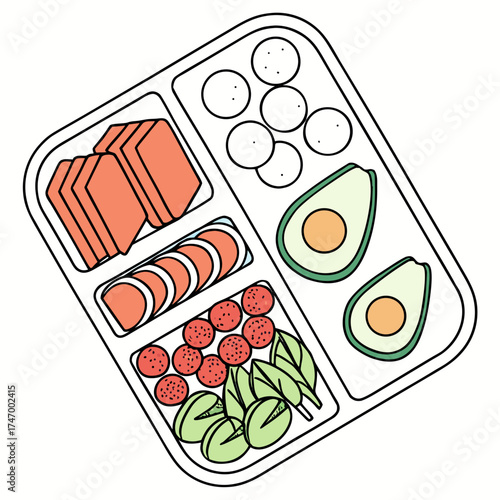 Bento box with salmon avocado and crackers meal prep