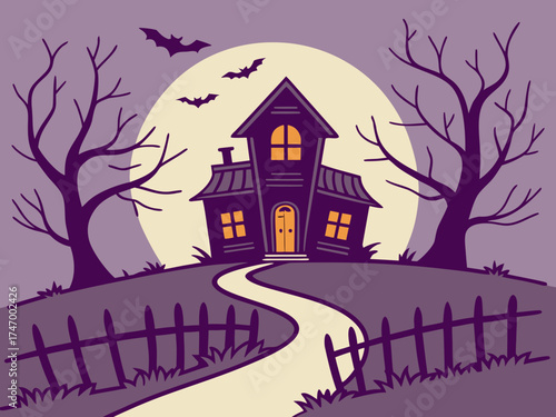 Stylized Halloween Illustration of a Haunted House Under a Full Moon with Bats