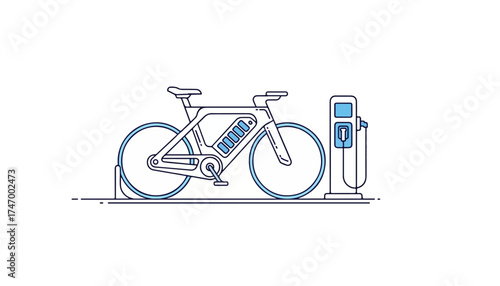 An illustrated electric bicycle next to a charging station, ready for use.