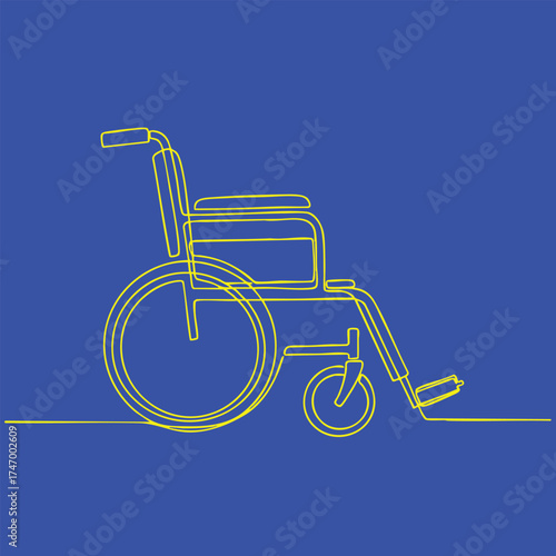 Minimalist line drawing of a wheelchair on a solid blue emphasizing accessibility and mobility aids