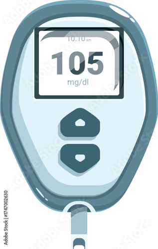 Glucometer displaying blood glucose level of 105 milligrams per deciliter at 10,10 am, indicating normal blood sugar range