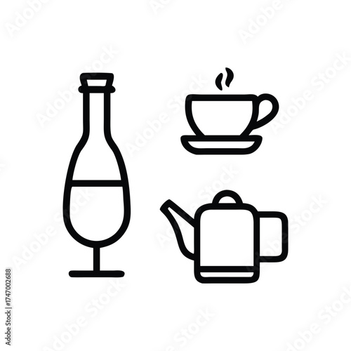 Bottle, teacup and teapot isolated on white background
