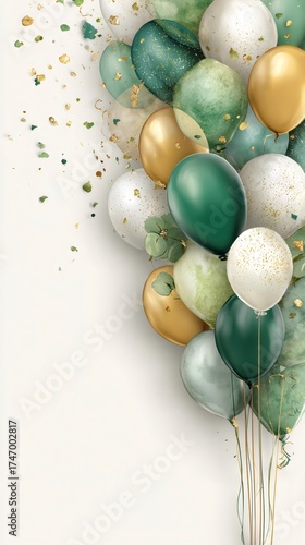 Green and gold balloons floating with confetti