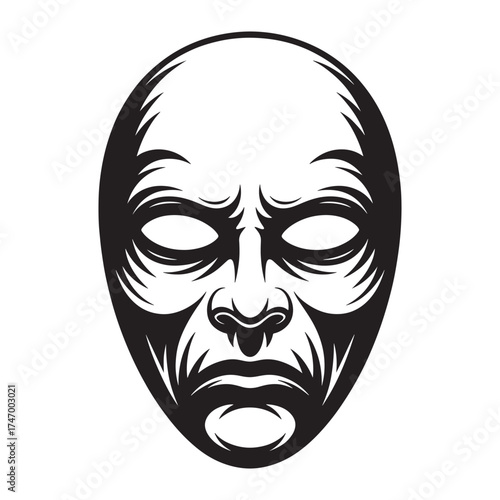 Disturbing black and white illustration of a grimacing human face with empty eyes