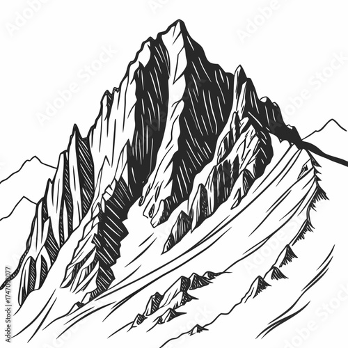 Black and white vector illustration of a jagged mountain range