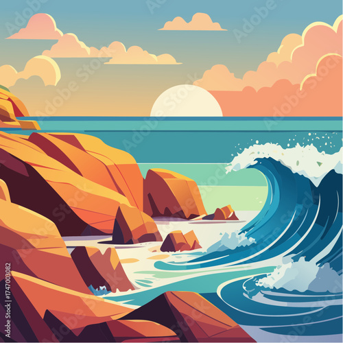 Coastal landscape with crashing wave and rocky shoreline