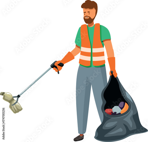 Man wearing safety vest and gloves is picking up trash with a grabber tool and holding a garbage bag, promoting environmental awareness
