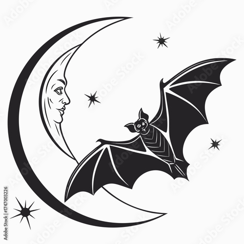 Black bat flying near crescent moon with face and stars