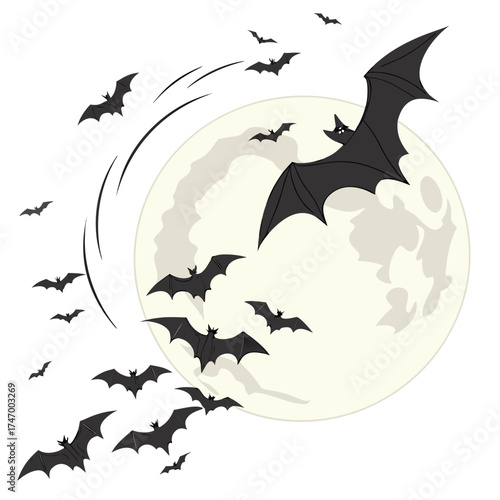 Black bats flying around a pale yellow full moon vector